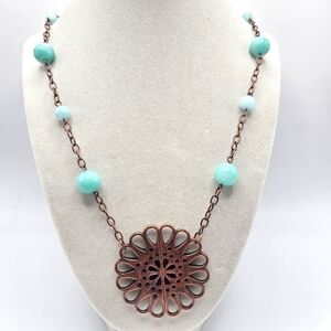 Handmade Copper Magnetic Flower and Jade Beaded Necklace Boho